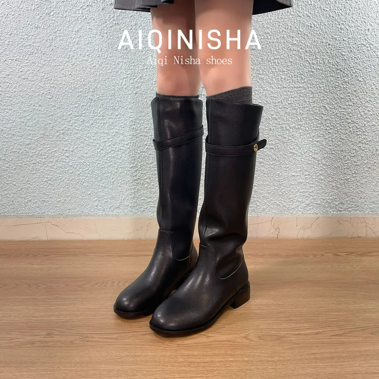 长靴冬季新款 拼接金属装饰靴子百搭气质舒适长靴高筒时装靴女