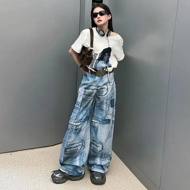 女童牛仔裤2025春秋新款儿童洋气宽松阔腿裤中大童休闲直筒长裤子