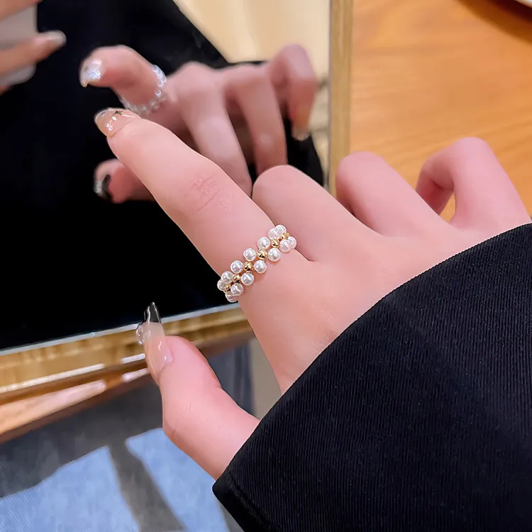 铜合金仿珍珠戒指 【糯空】双排戒指女轻奢小众设计高级感开口戒