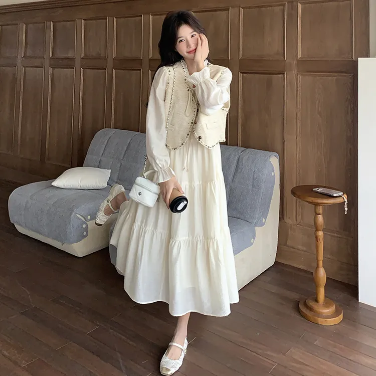 小香风设计感马甲配连衣裙套装女2025春秋法式浪漫白色长裙两件套