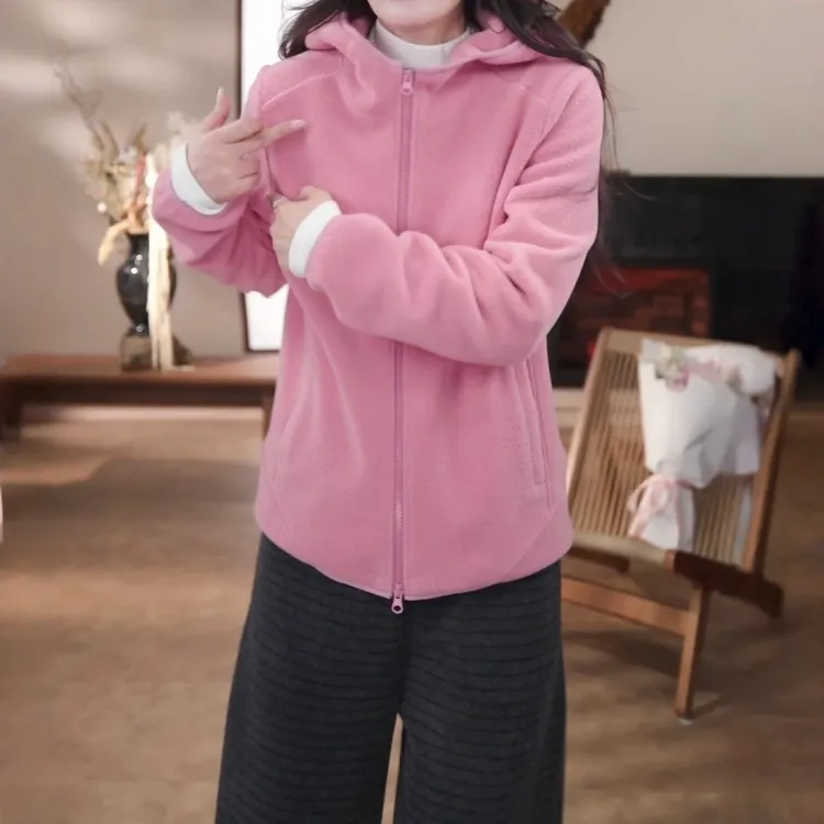 韩版时髦洋气摇粒绒外套女2025年秋冬新款设计感小众休闲连帽开衫