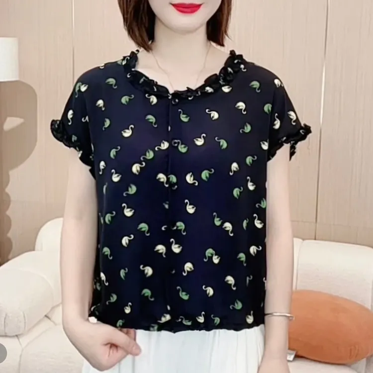 2025夏季时尚洋气新款极简风印花花边领气质休闲百搭短袖