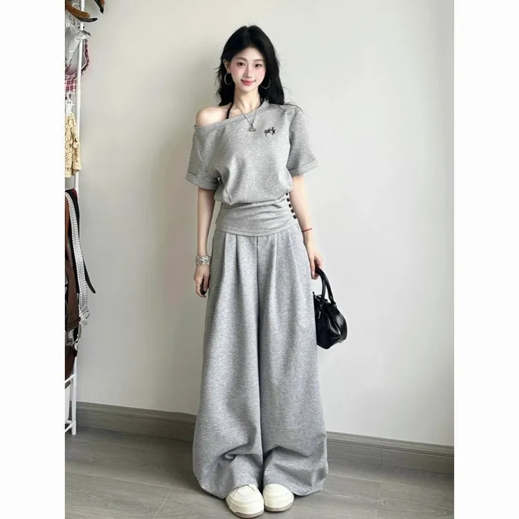 运动套装时尚女夏夏季新款韩版洋气宽松斜肩阔腿裤短袖休闲两件套