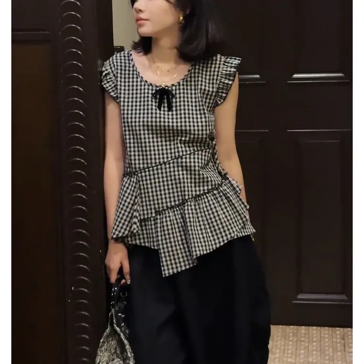 气质时尚2025夏新款宽松飞飞袖显瘦T恤高级感百搭显瘦格子上衣女 