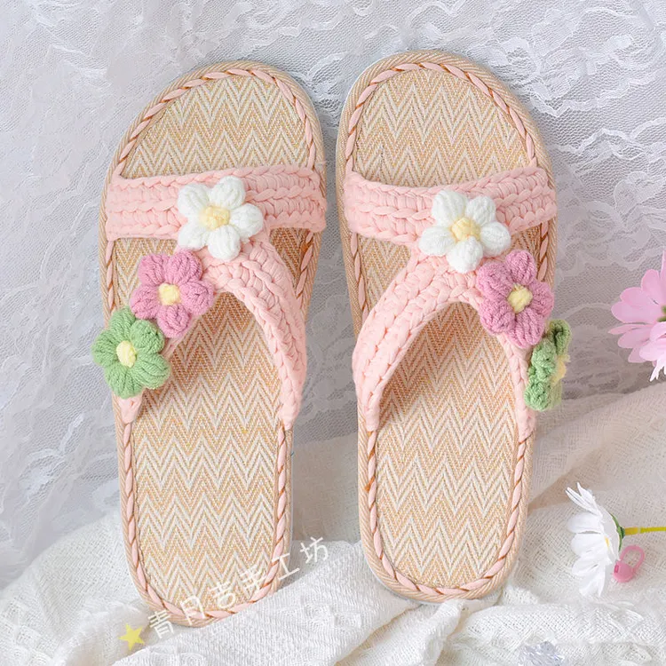 夏季舒适手工编织清新甜美韩版亚麻布条防滑耐磨女士凉拖鞋材料包