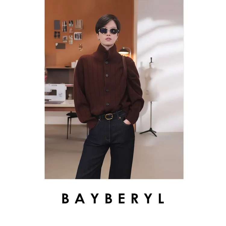 BAYBERYL老贝1P周刊*老钱风竖条立领羊绒针织开衫ZZS5E2625-12/10