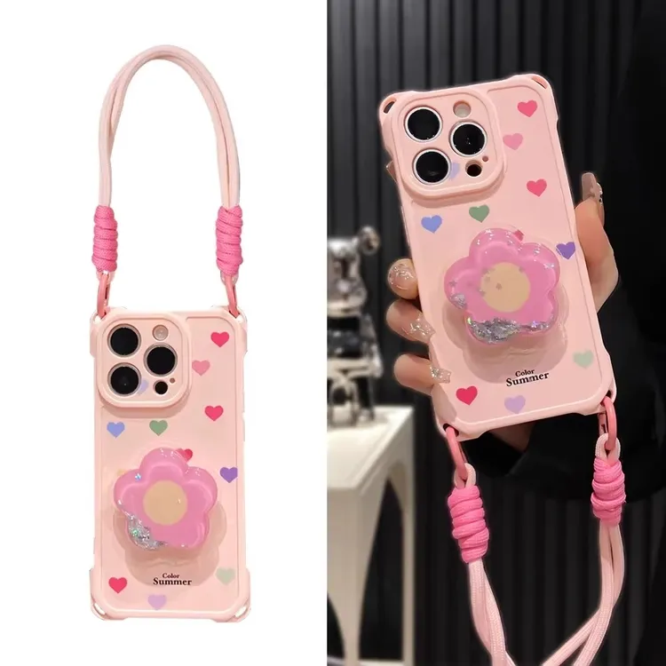 四角挂绳壳适用苹果16手机壳iPhone15斜挎手提14花支架13全包防摔