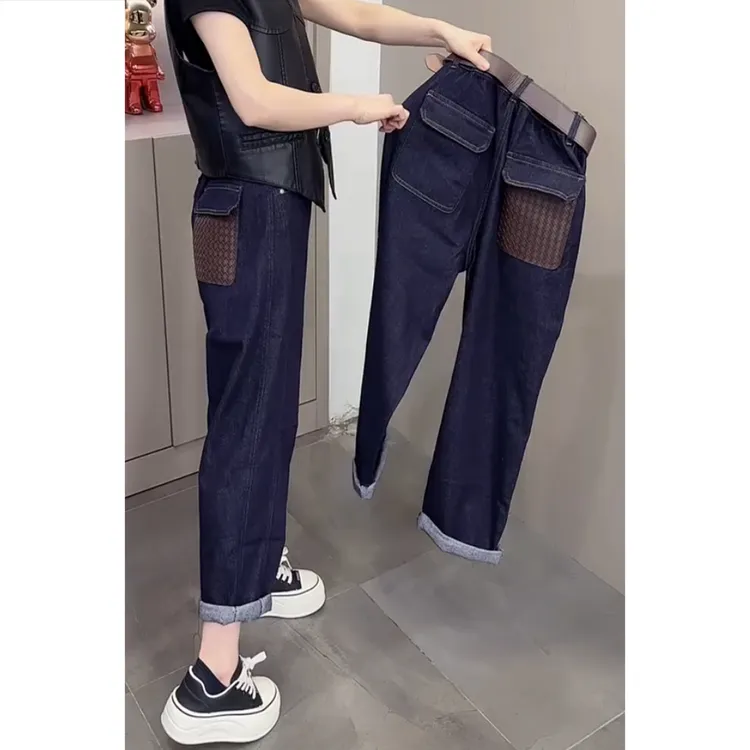 艾塔莉秋季女款牛仔裤宽松百搭阔腿裤时尚拼接九分条纹设计小个子