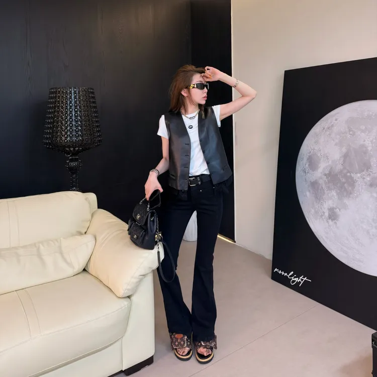 MYYS【靖奢大气】欧韩时尚复古精品时髦蕾丝皮马甲-[衣长50cm]