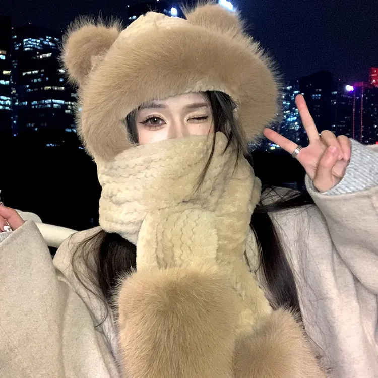 可爱小熊帽子围脖保暖围巾一体2025秋冬新款连帽冬天手套三件套