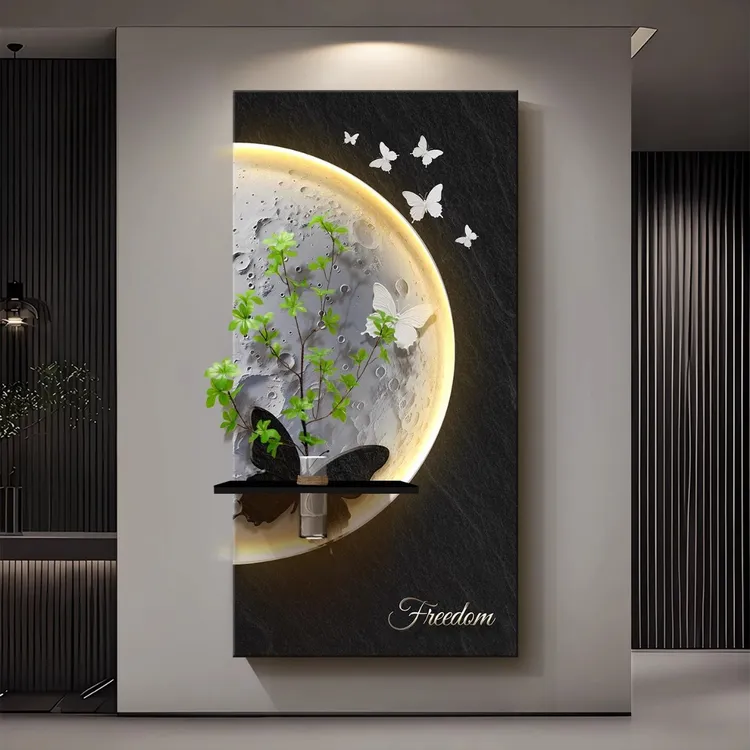 入户玄关装饰画高级感立体砂岩壁画水培绿植进门走廊过道灯光挂画