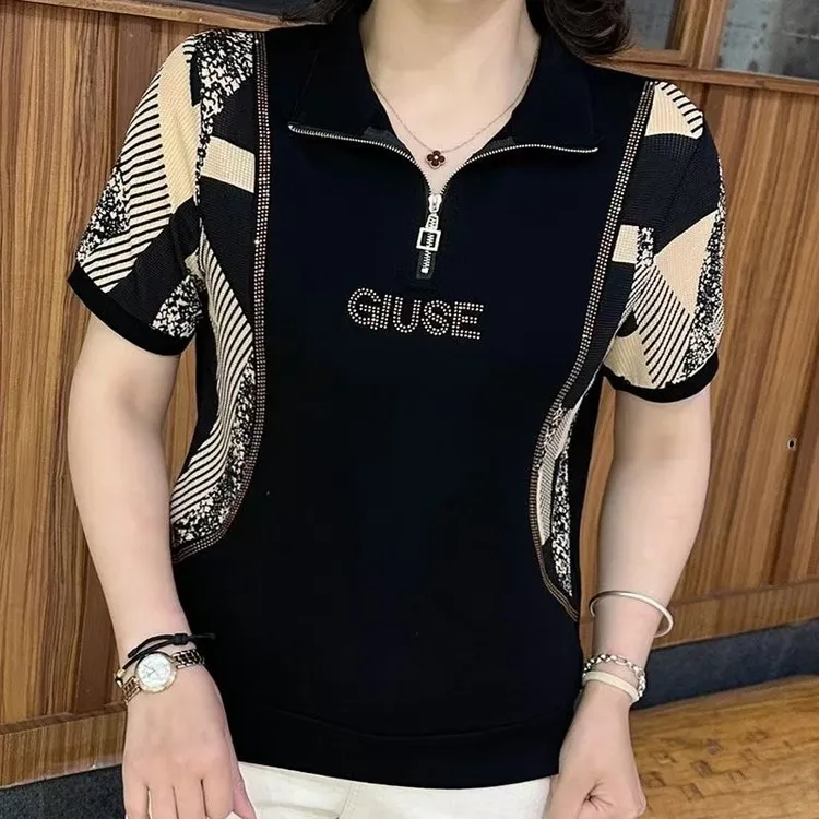 夏季新款时尚半拉链翻领短袖洋气中年妈妈装宽松遮肉套头宽松小衫