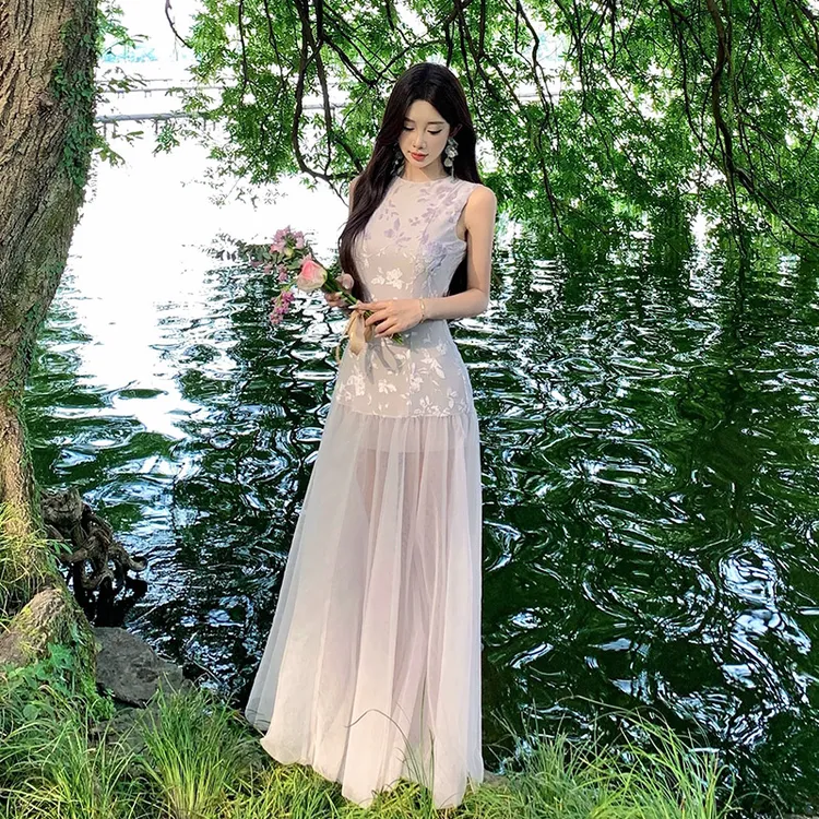 法式高级不撞款透纱紫色吊带连衣裙女夏季海边度假薄纱仙女长裙子