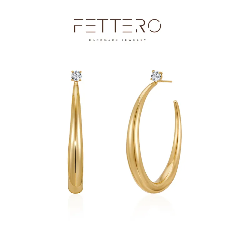 fettero 铜合金耳饰 【金色45mm白锆光面牛角耳钉】气质时尚百搭