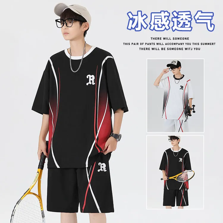 夏季篮球服套装男生初中生冰丝速干短袖t恤青少年大童渐变色球衣
