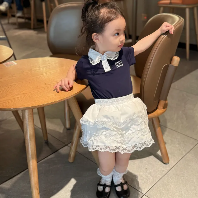 小惜亦2025女童夏季新款韩版学院风娃娃领短袖蛋糕裙子洋气套装