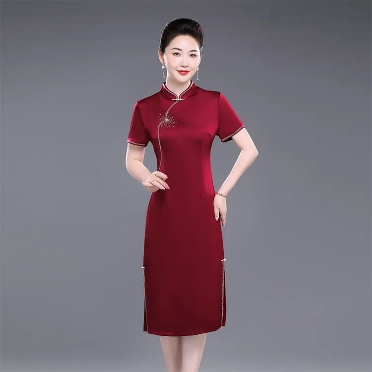 夏季喜婆婆喜妈妈装中式高贵短袖醋酸婚宴礼服婚礼旗袍结婚连衣裙