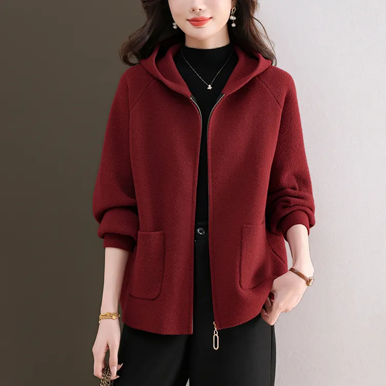 中老年女士高档外套冬季加厚连帽上衣2025年新款大码毛呢开衫宽松