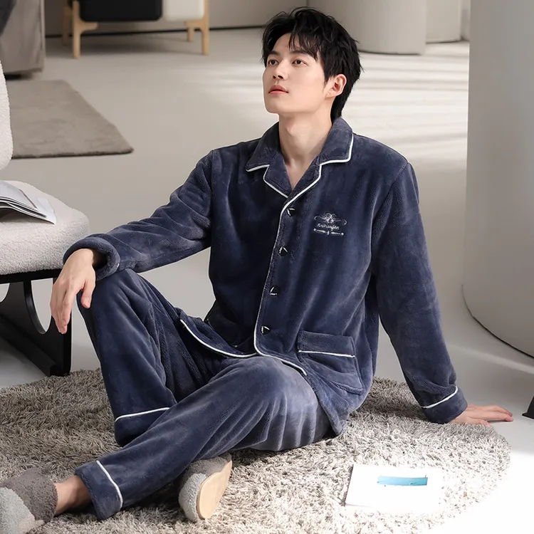 YIHAN-法兰绒保暖发热男士睡衣加厚冬天厚实时尚双面绒家居服套装