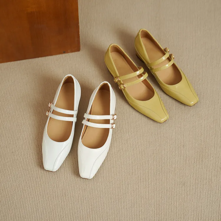手工制作~柔软通勤皮鞋夏季浅口法式单鞋玛丽珍鞋中跟复古方头