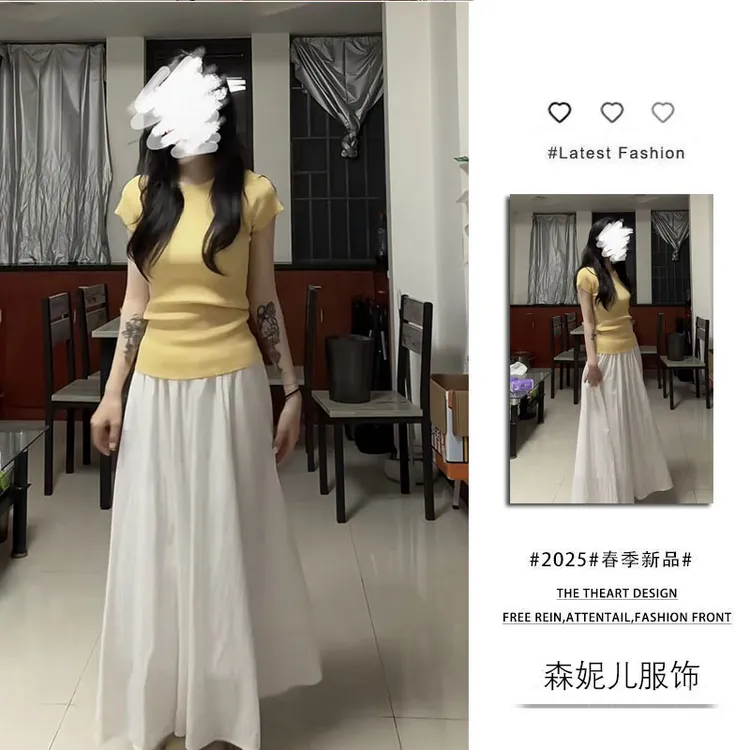 春季穿搭一整套2025新款韩版时尚女修身短袖T恤高腰半身裙两件套