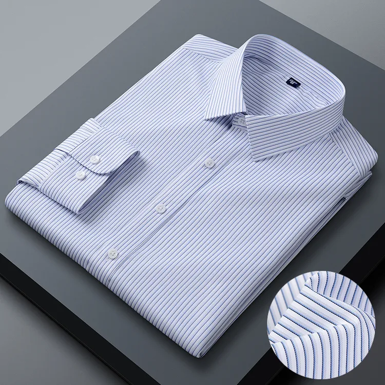 春季新款男士长袖衬衫休闲条纹免烫抗皱中青年时尚百搭竖条纹衬衣