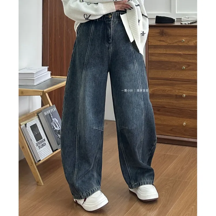 【一颗小叶】冬季大码加绒加厚复古蓝松紧牛仔裤0005