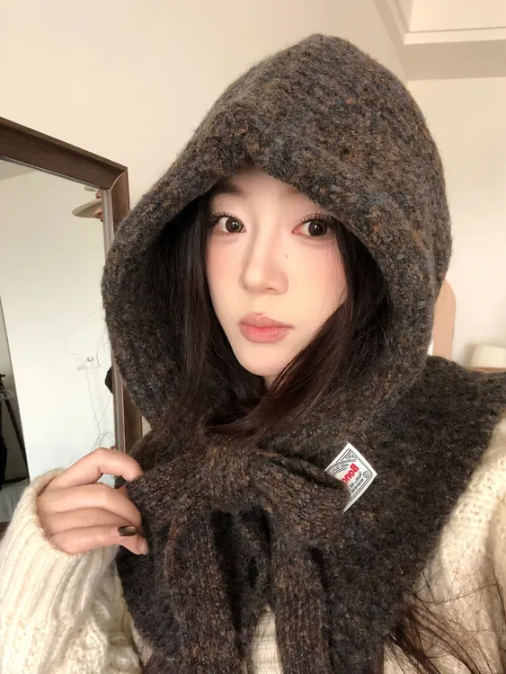 慵懒咖色巴拉克拉法帽女秋冬防寒围脖一体针织保暖护耳包头帽韩版