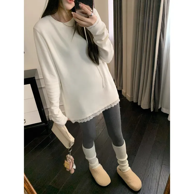 中长款蕾丝边拼接长袖T恤女冬季加绒加厚甜美叠穿百搭鲨鱼裤上衣