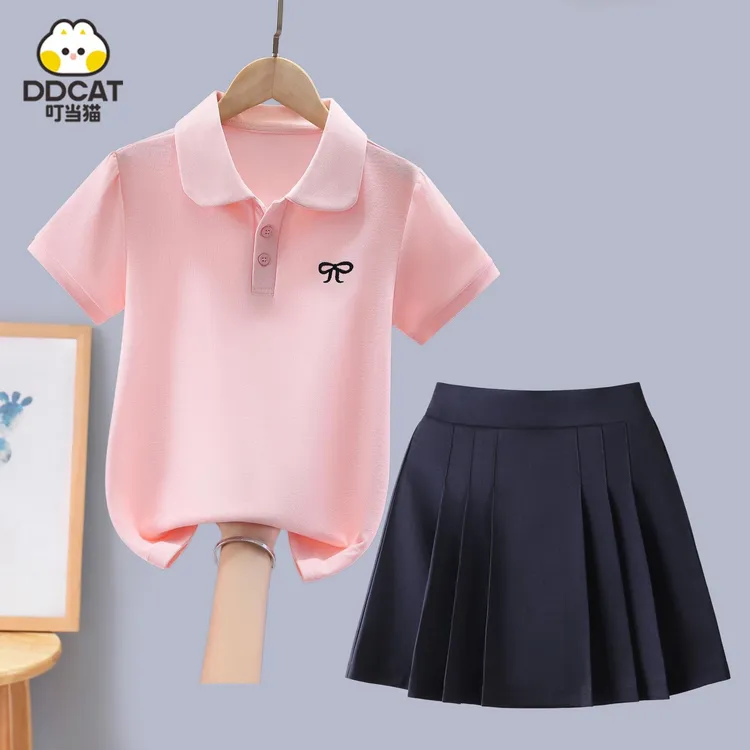 叮当猫女童夏季短袖套装2026新款洋气中大童女孩学院风短裙两件套