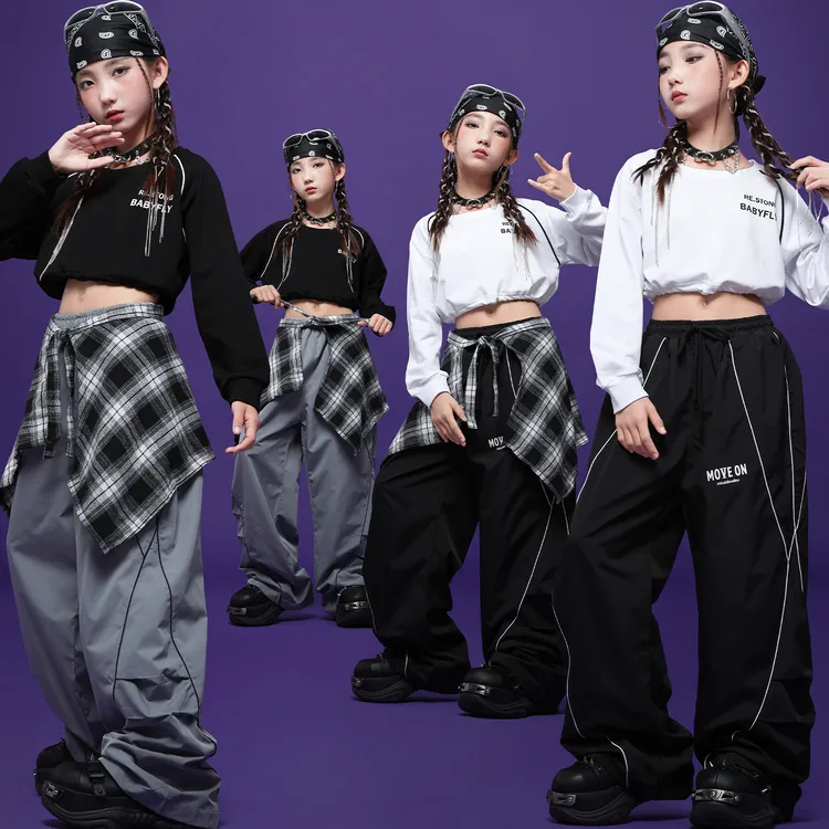 女孩子爵士舞服装韩版洋气露脐长袖jazz舞蹈练功服女童街舞演出服