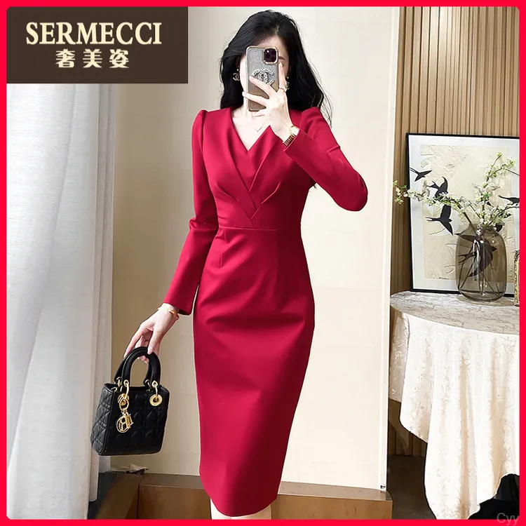 春装高级感修身红色收腰连衣裙长袖显瘦气质女人味中长款一步裙