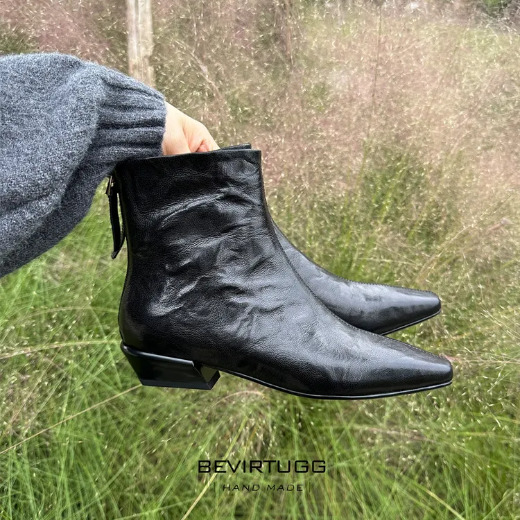 意大利设计~3cm轻奢羊皮粗跟瘦瘦短靴女秋冬时尚真皮新款洋气靴子