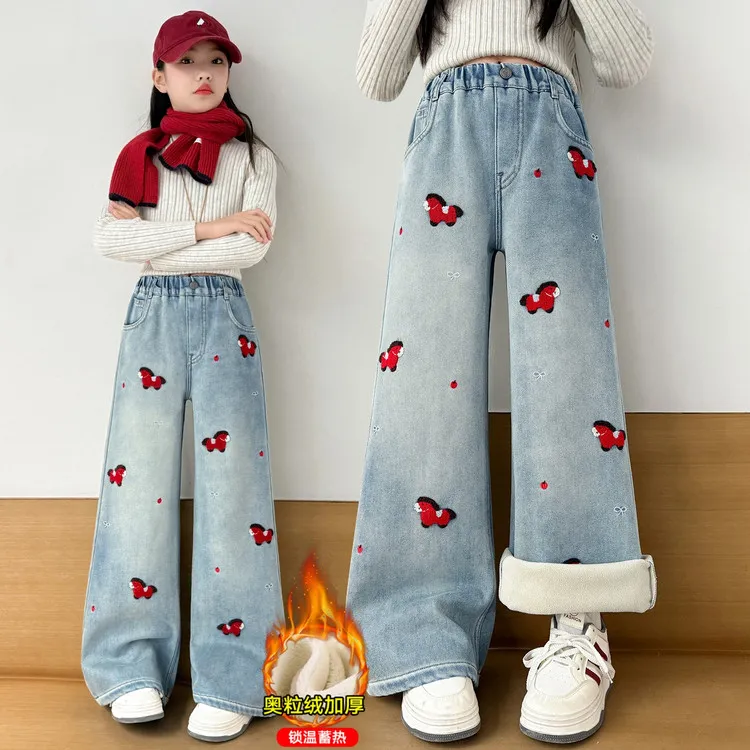 巾绣阔腿裤年货款童装女童儿童锁温加厚蓄热中大童洋气外穿加绒