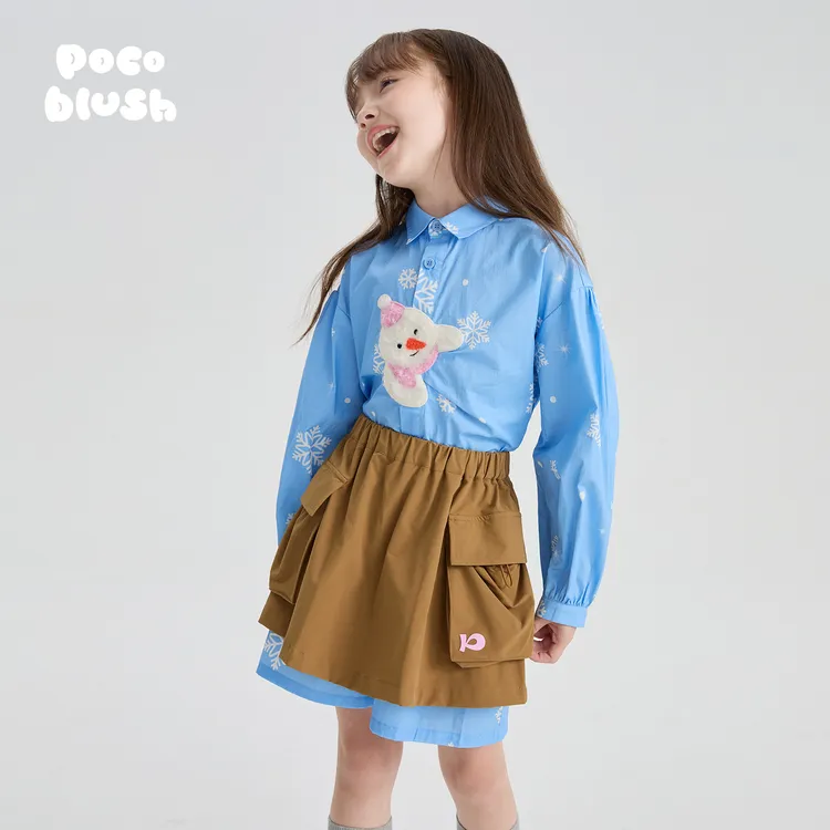pocoblush【不化的雪人】绣花衬衫2025秋装新款女童长袖上衣套装