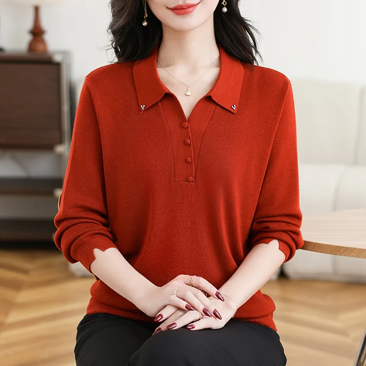 妈妈春季新款针织衫毛衣内搭翻领中老年长袖打底衫洋气大码上衣女