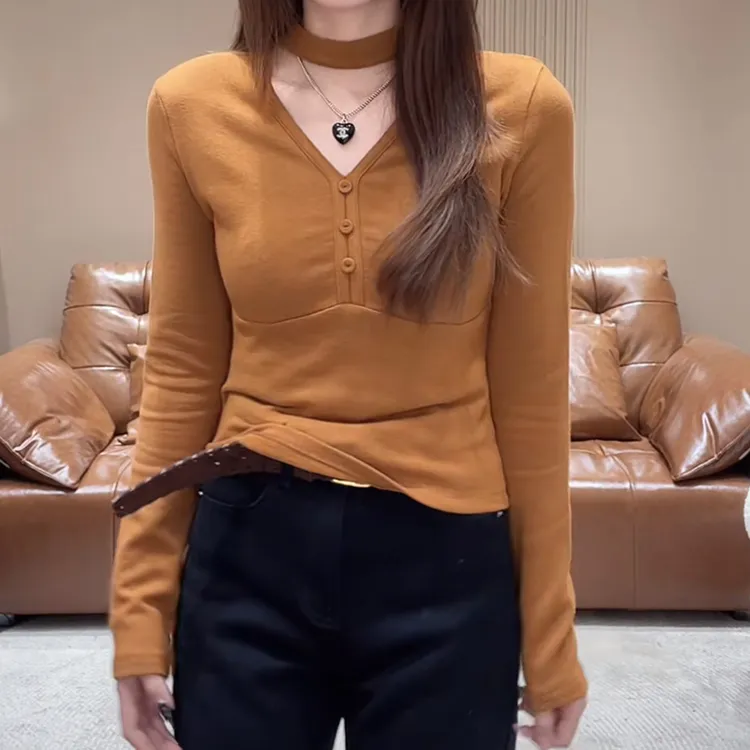 【深情眼】磨毛镂空V领挂脖长袖打底T恤女冬季新款百搭显瘦保暖上衣