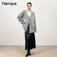 Fabrique Violet 银烛灰月下昙花手工刺绣羊驼毛宽松V领针织开衫