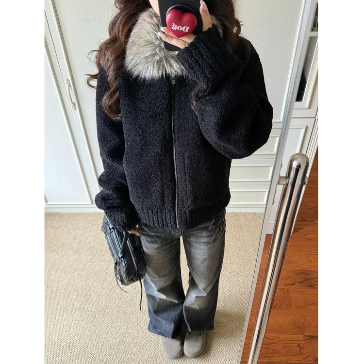 毛领定染小颗粒羊羔毛外套女秋冬季新款皮毛一体加厚保暖黑色皮草