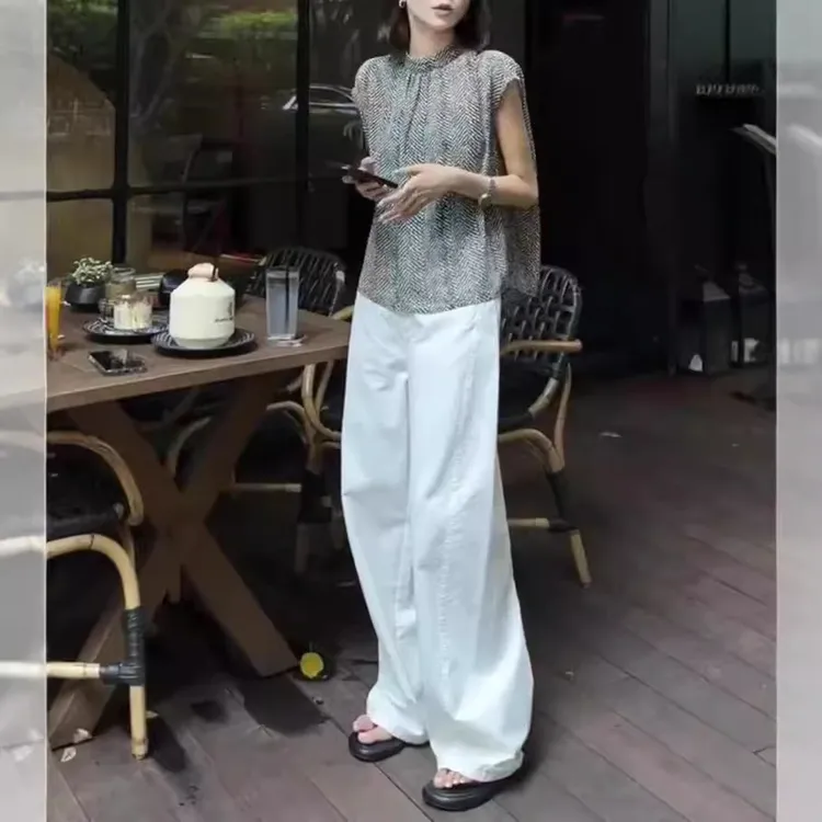 新韩版时尚高级感背扣宽松上衣高腰阔腿裤女装2519