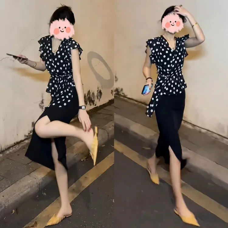 2025夏季新显瘦轻熟风修身简约套装时尚碎花上衣黑色高级感半身裙