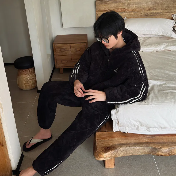 及好超厚睡衣男款冬季三层夹棉珊瑚绒加厚保暖黑色拉链连帽家居服