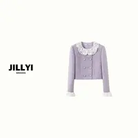 JILLYI【幽兰入梦】紫罗兰色拼接蕾丝方领典雅贵气外套