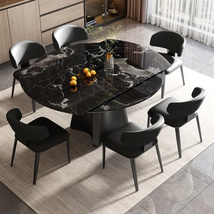 天然大理石餐桌可伸缩折叠家用方圆两用饭桌现代家用意式轻奢风格