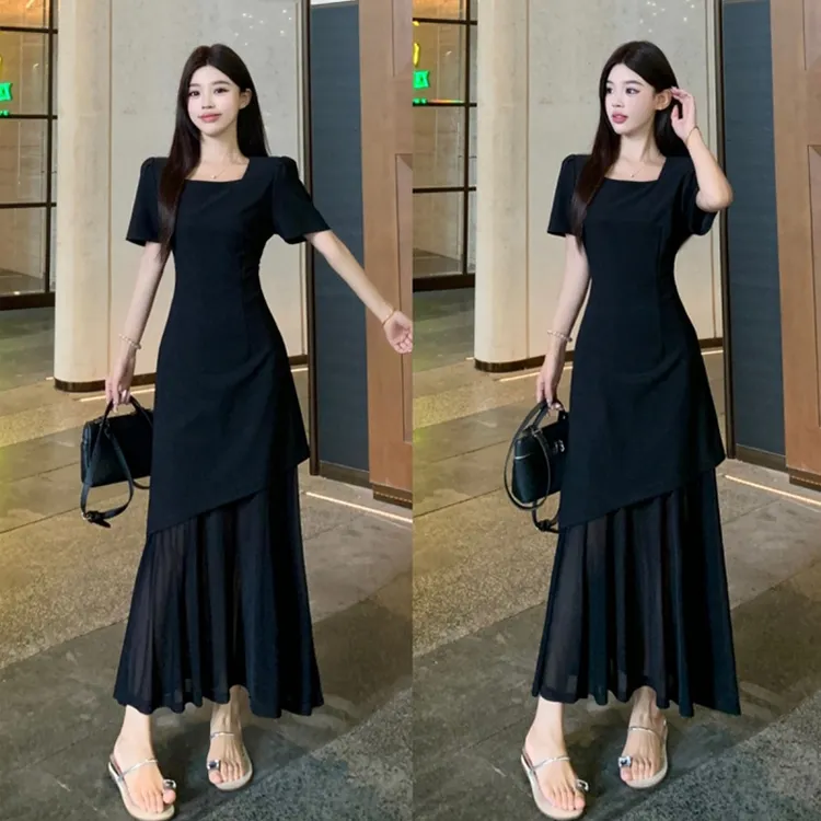  大码胖mm韩版气质方领显瘦遮肚子网纱拼接小黑裙子连衣裙女