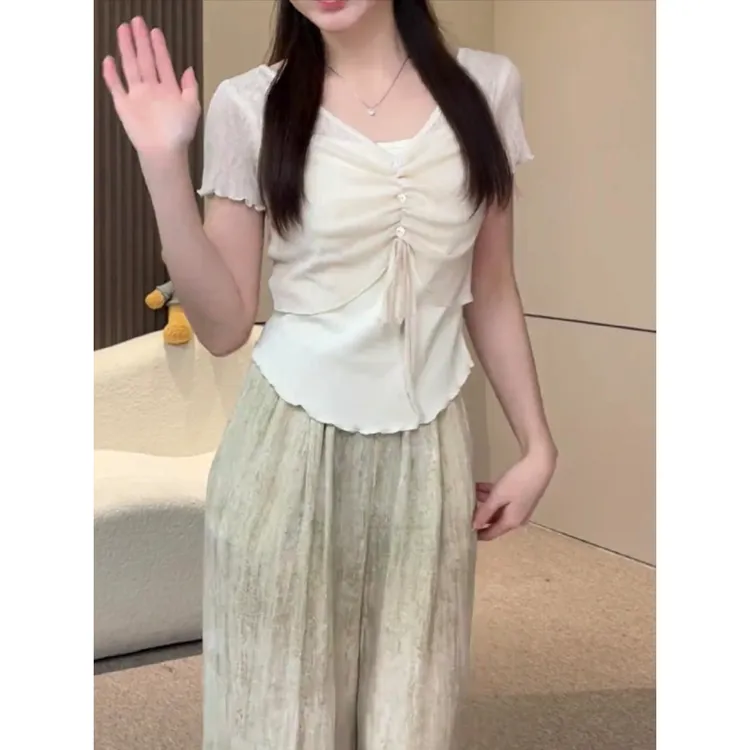 韩系时尚v领假两件短袖T恤女春夏新款高级感修身显瘦短款百搭上衣