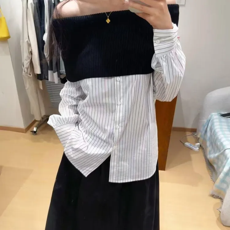 实体档口早秋新款设计感一字肩条纹衬衫女法式宽松慵懒风长袖上衣
