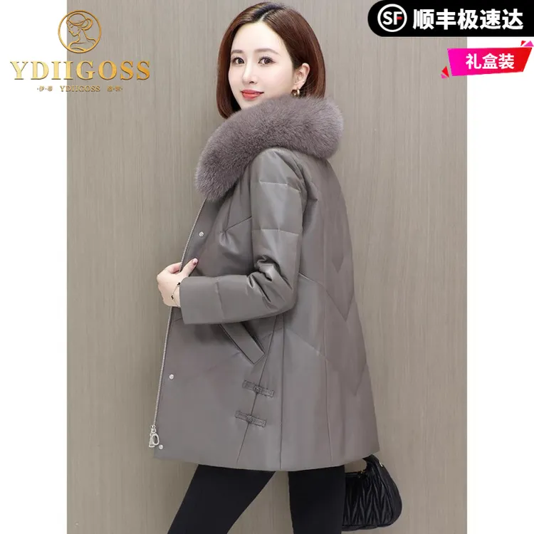伊蒂格世2025冬季新款真皮羽绒服女中长款狐狸毛领绵羊皮加厚皮衣