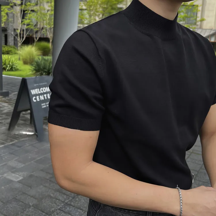 黑色半高领套头针织T恤男士美式型男短袖毛衣潮流修身打底半袖衫