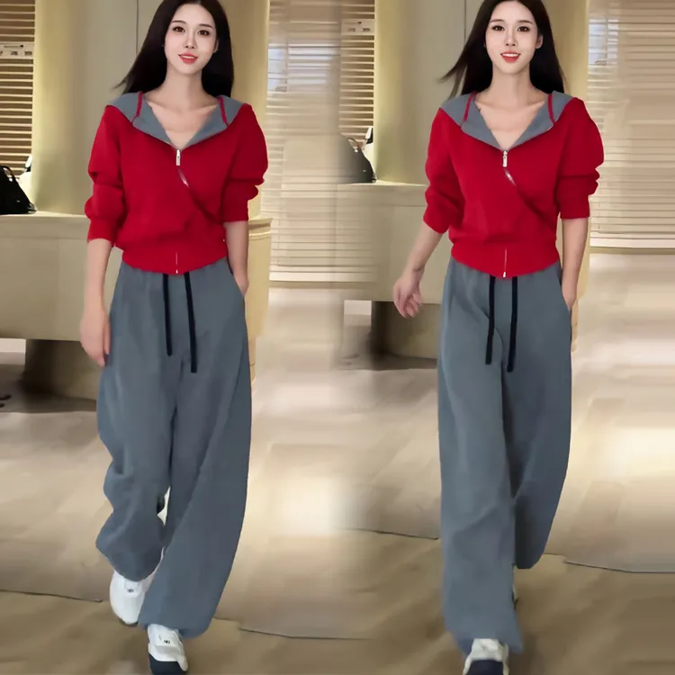 时尚套装女宽松秋季新款开衫连帽卫衣外套休闲阔腿束脚裤两件套